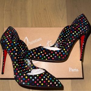 NEW Christian Louboutin Black Suede Polka Dot Hot Chick 100 Pumps EU 37.5